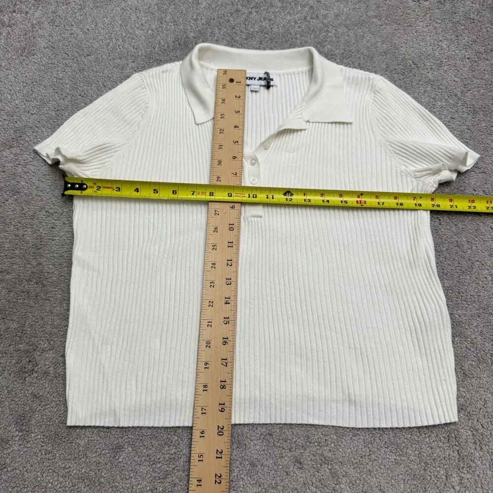 DKNY Jeans Ribbed Knit Polo Shirt Womens Large White Short Sleeve Stretch Top